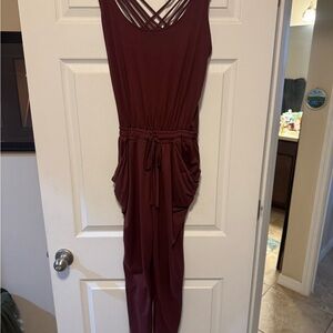 Burgundy Sleeveless Jumpsuit with Crisscross Back